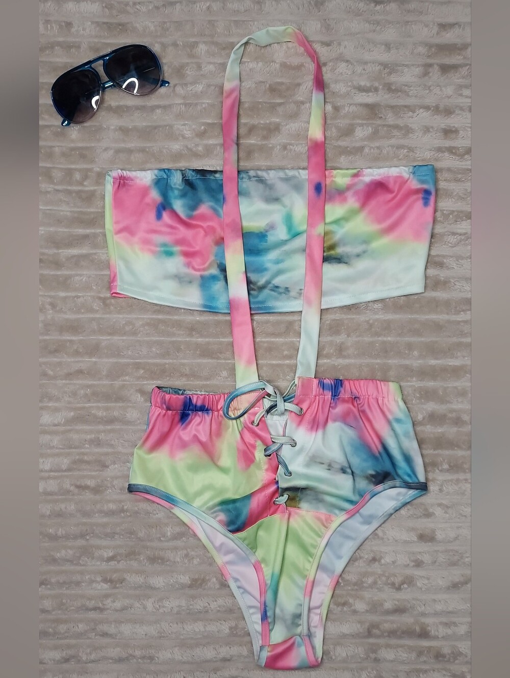 Womens Tie-Dye Halter One-Piece Swimsuit - Pink, Blue & Green